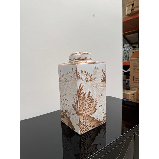 Square Porcelain Ginger Jar in Sepia Tones For Sale - Image 9 of 11