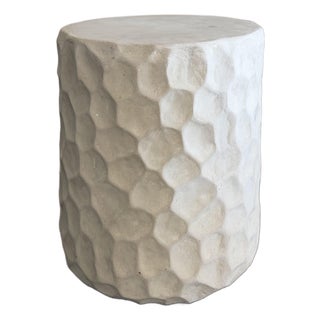 Made Goods Kemma Stool in Light Gray Reconstituted Stone Organic Dimpled Texture Modern Coastal Accent Table For Sale