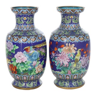 Pair 25" Antique Large Chinese Figural & Floral Cloisonne Enameled Urns C1920 For Sale