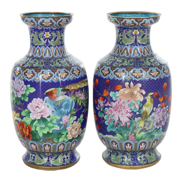 Pair 25" Antique Large Chinese Figural & Floral Cloisonne Enameled Urns C1920 For Sale