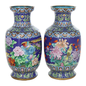 Pair 25" Antique Large Chinese Figural & Floral Cloisonne Enameled Urns C1920