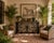 This striking vintage console table features an architectural wrought iron base adorned with intricate scrollwork and a...