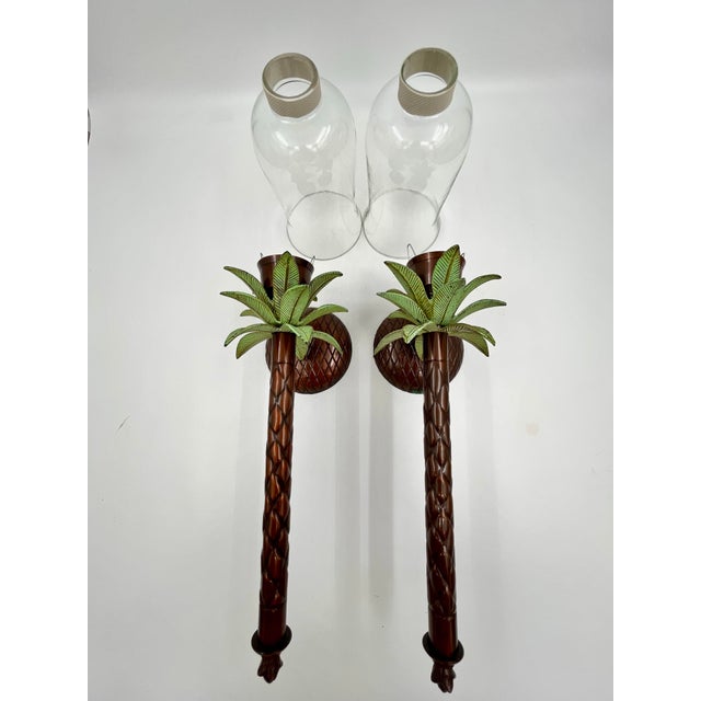 Vintage 1990s Metal Palm Tree Candle Wall Sconces With Glass Hurricane Shades - A Pair For Sale - Image 10 of 12