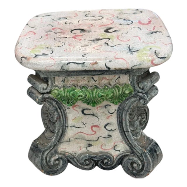 1980s Highly Decorative Glazed Ceramic Garden Stool/Side Table With Baroque Base For Sale
