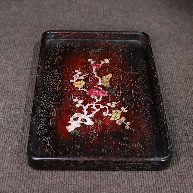Brown Rosewood Rectangular Tray Inlaid With Mother-of-Pearl For Sale - Image 8 of 9