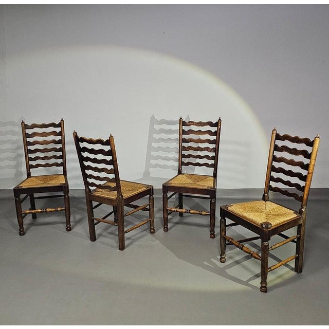 Rustic Oak Farmhouse Ladderback Dining Chairs with Rush Seats, 1960s, Set of 4 For Sale - Image 16 of 18
