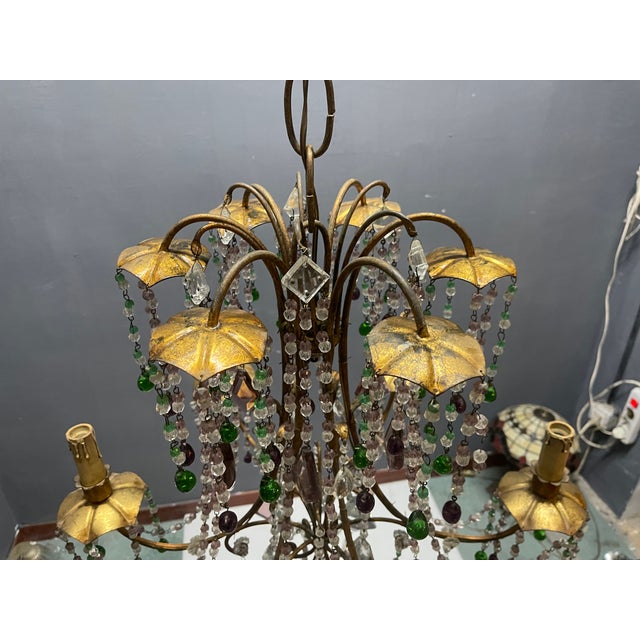 Italian Florentine Tole Gilt Murano Glass Beaded 6-Light Chandelier, 1950s For Sale - Image 11 of 17