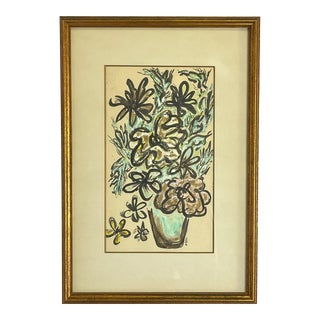 Original Signed and Framed Floral Still Life Drawing on Paper For Sale