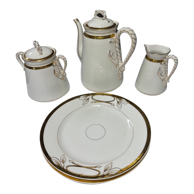 Antique C1879 Haviland & Co. Limoges Hand-Painted Porcelain Nautical Rope and Cable Coffee Service – 5 Pieces For Sale