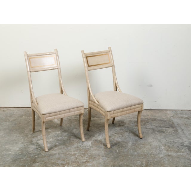 Mid 20th Century Pair of Midcentury Faux Bamboo Side Chairs with Saber Legs and New Upholstery For Sale - Image 5 of 11