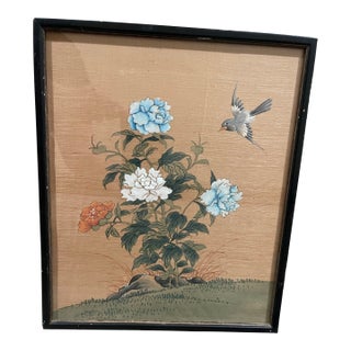 1930s “Huaniao-Hua” (Bird and Flower Ii) Watercolor & Ink Gongbi Style Painting on Woven Silk For Sale