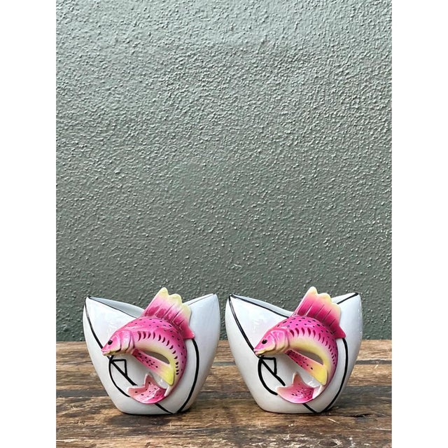 Ceramic Vintage Stafford Ceramic Leaping Fish Vases - Pair For Sale - Image 7 of 12