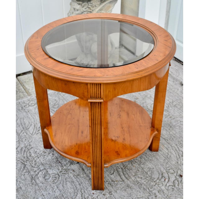Drexel Heritage Yew Wood End Table Vintage Regency Burl Round Side Glass Top 24” For Sale - Image 13 of 13