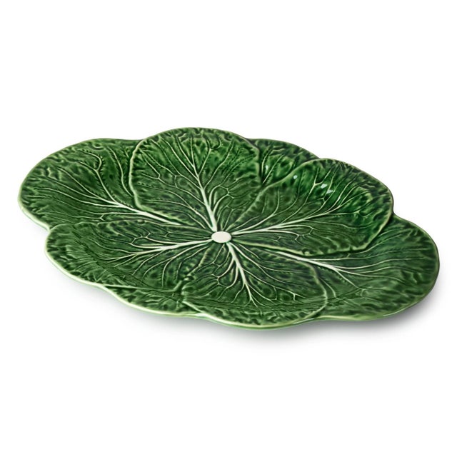Rustic European Attributed to Bordallo Pinheiro Majolica Style Cabbage Form Oval Serving Platter For Sale - Image 3 of 3