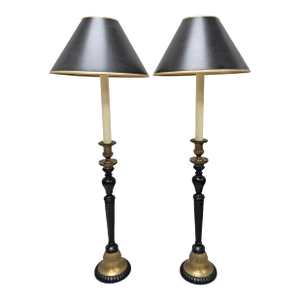 Pair of Mid 20th Century Empire Style Brass and Ebonized Candlesticks Buffet Lamps