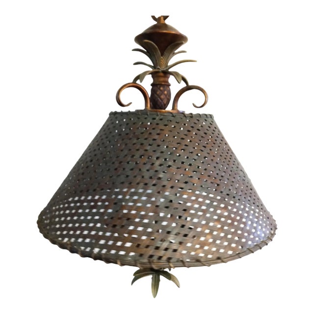 Palm Beach Regency 3 Light Wicker Shade Pineapple Chandelier Fixture For Sale