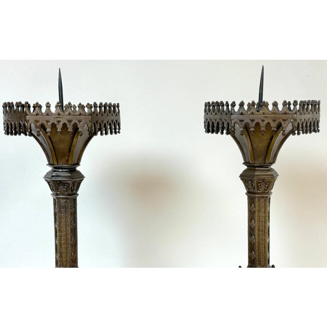 Metal 19th C. French Bronzed Zinc Gothic Architectural Pricket Altar Candlesticks - a Pair For Sale - Image 7 of 12