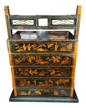 Antique Chinese Black Lacquered Five Section Stacking Chests, 1800s, Set of 6