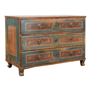 19th-Century Original Hand-Painted Pine Chest of Three Drawers For Sale