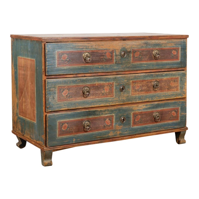 19th-Century Original Hand-Painted Pine Chest of Three Drawers For Sale
