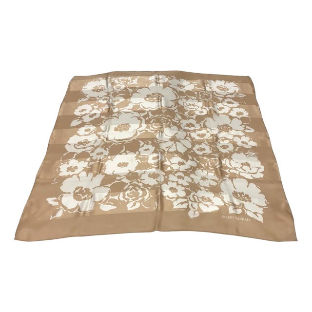 A 1980s Pierre Balmain White and Brown Floral Silk Foulard For Sale