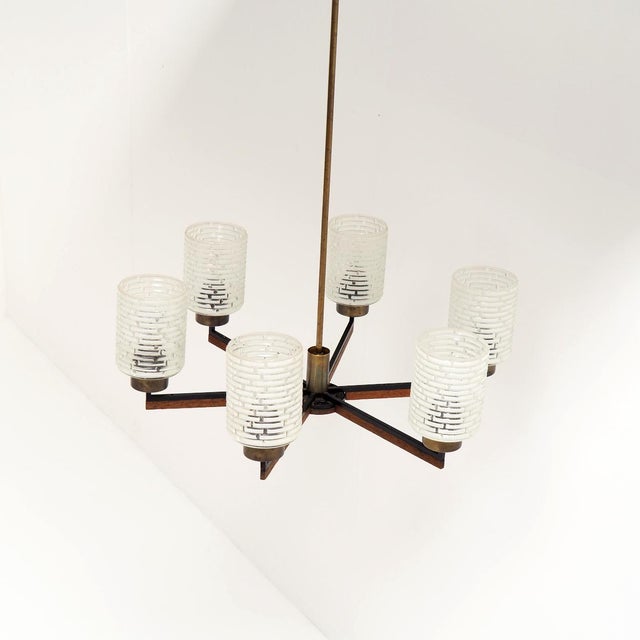 Vintage Six-Light Chandelier in Brass with Teak and Black Metal from Philips, 1960s For Sale - Image 9 of 12