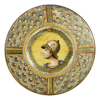 Large Majolica Wall Plate with Renaissance Leader Motif, 20th Century For Sale
