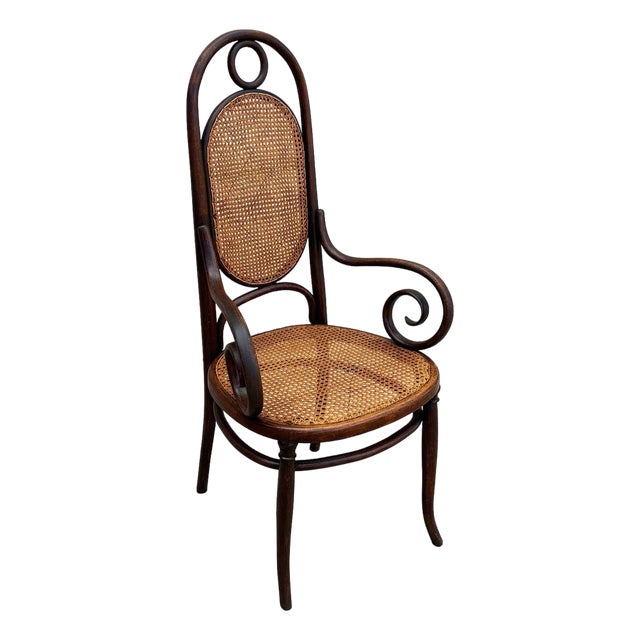 Vienna Secession Bent Oak & Cane High Back Armhair No. 17 Attributed to Thonet For Sale