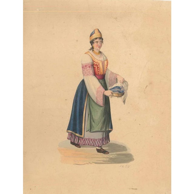 Watercolour on ivory colored paper, 1828. Representing a woman in typical Italian costumes of XIX century. Good conditions...