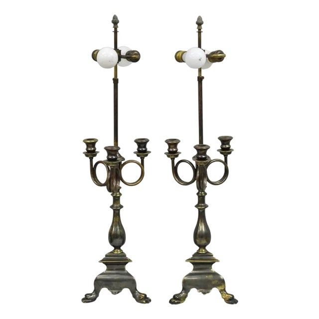 Late 20th Century Frederick Cooper French Empire Brass Patina Trumpet Candelabra Table Lamp Pair For Sale