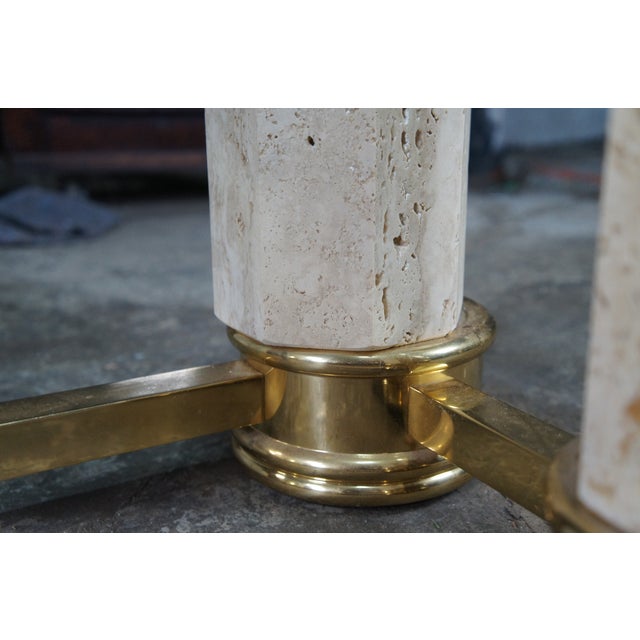 White Vintage Italian Regency Travertine Stone Brass & Glass Console Hall Sofa Table For Sale - Image 8 of 12