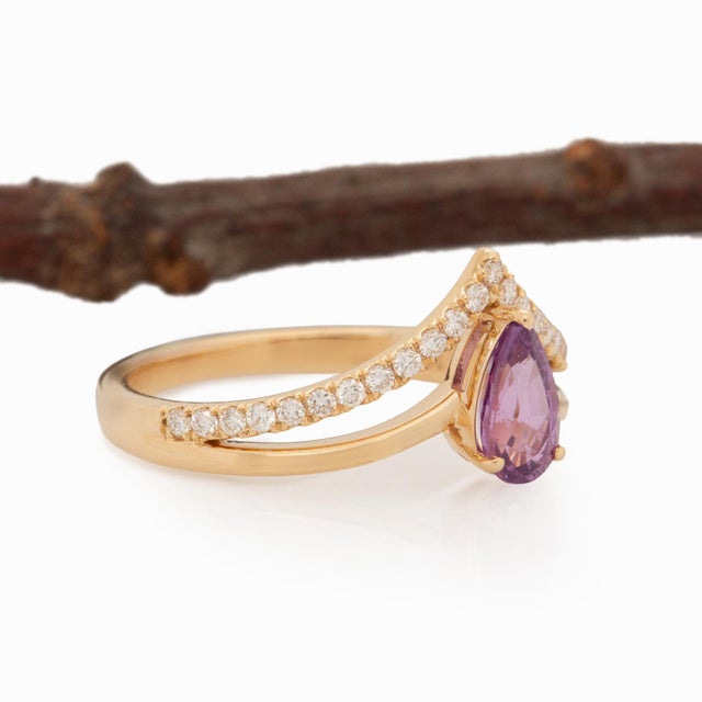 2020s Pink Sapphire Ring With Natural Diamonds Accents: Solid 14k Gold, 7x4mm For Sale - Image 5 of 10