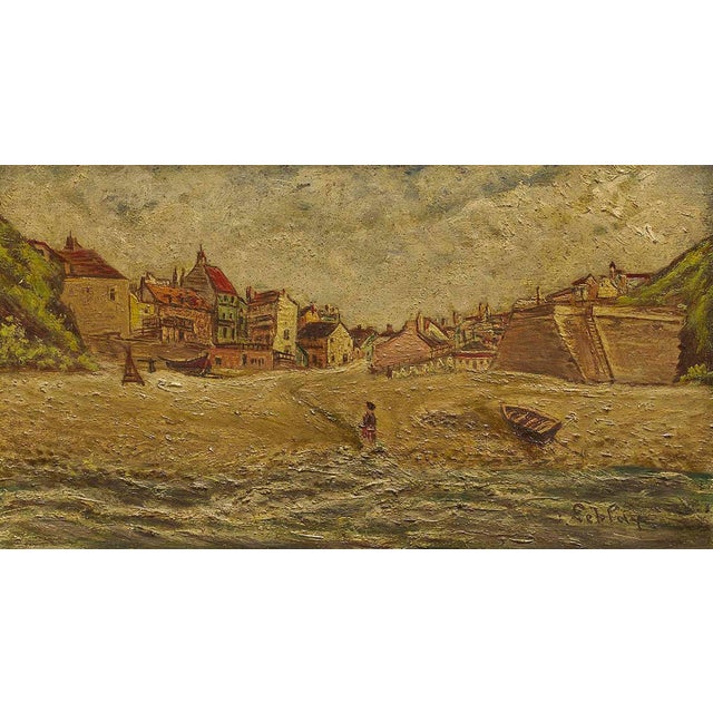 Oil on board, french artist, SIGNED. Seascape painting with a lone figure standing by the shore set against an...