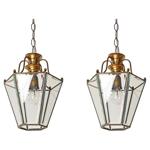 Hexagonal Brass and Glass Chandeliers after Adolf Loos, Italy, 1950s, Set of 2 For Sale - Image 12 of 12