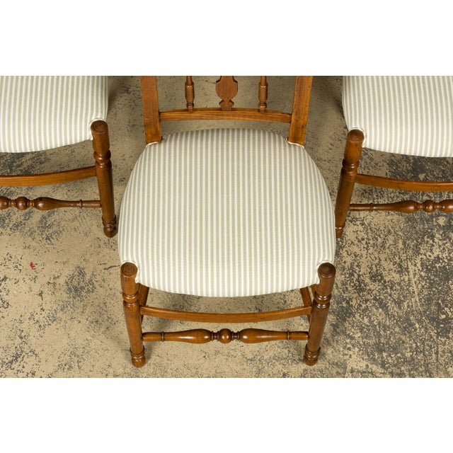 Late 19th Century Set of 10 Late 19th Century French Provincial Walnut Dining Chairs in Green Ticking Stripe For Sale - Image 5 of 18