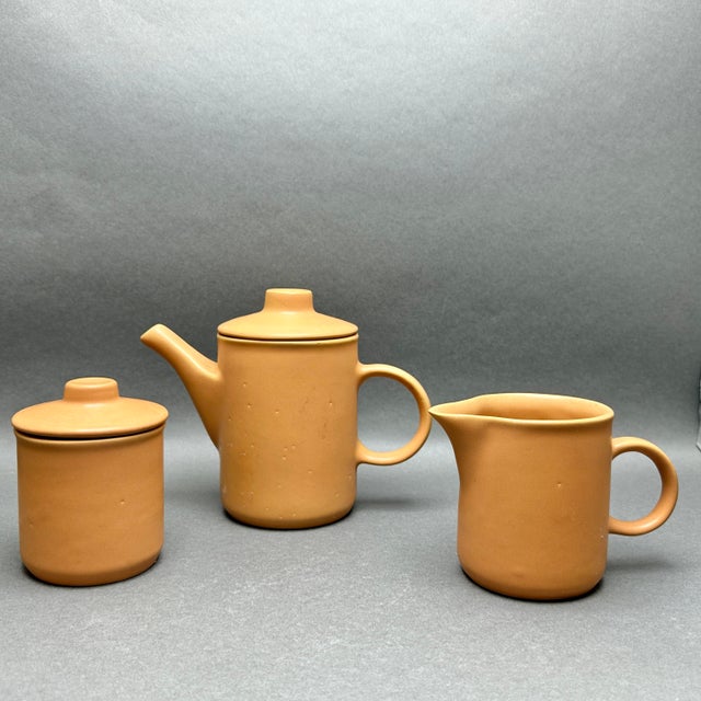 Vintage Nerina Louveira Brazil ceramic demitasse set. Includes coffee pot, covered sugar, creamer, 6 cups & saucers. It is...