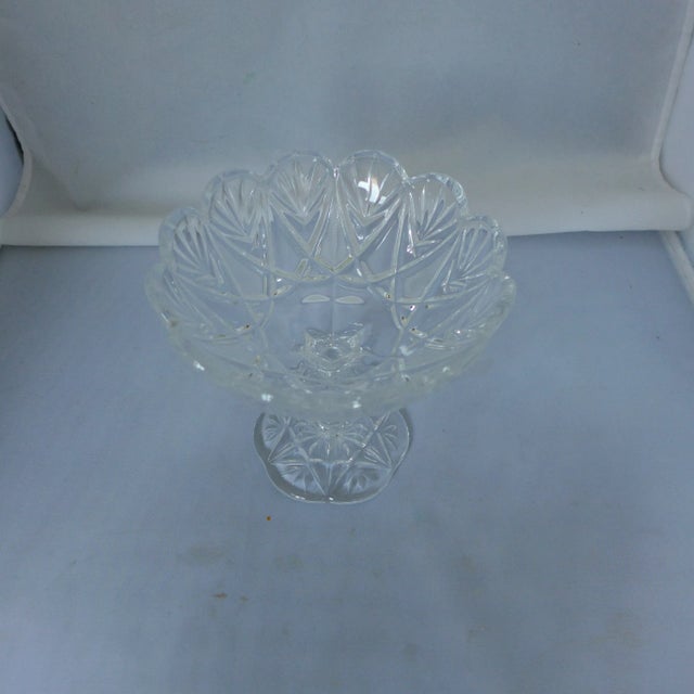 Beautiful Elegant Heavy Clear Cut Glass Compote or Candy Dish With Pedestal, Star Design Base , No makers mark, in...