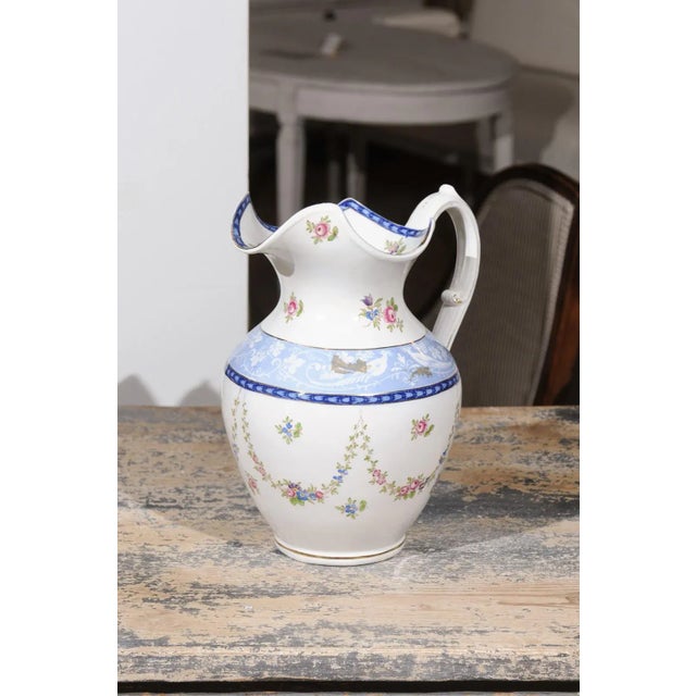 Vintage English Booth's China Pink Roses, Blue & White Pheasants Pitcher For Sale - Image 10 of 12