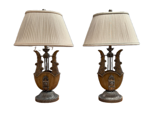 Pair of Late 20th Century Neoclassical Lyre Form Table Lamps With Silver Mounts and Fluted Oval Bases