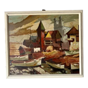 Mid-Century Leo Kramer Impressionist Harbor Fishing Boats Scene Oil Painting
