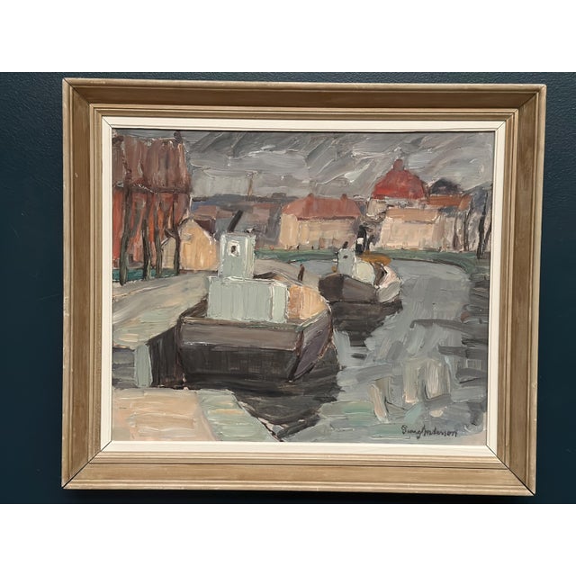 Original Swedish Oil on Canvas – “Harbour” by Georg Andersson – Signed – Vintage & Framed – 52 × 40 cm (20.4" × 15.7") A...