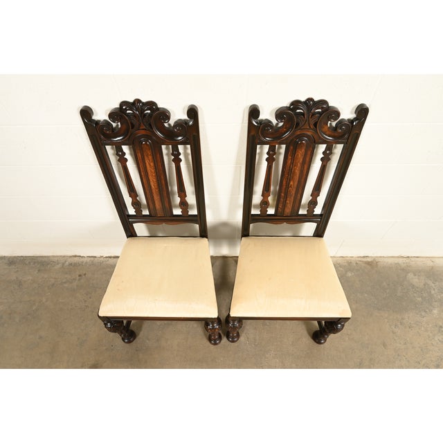 1920s Berkey & Gay Antique English Jacobean Carved Walnut Side Chairs or Dining Chairs, Pair For Sale - Image 5 of 14