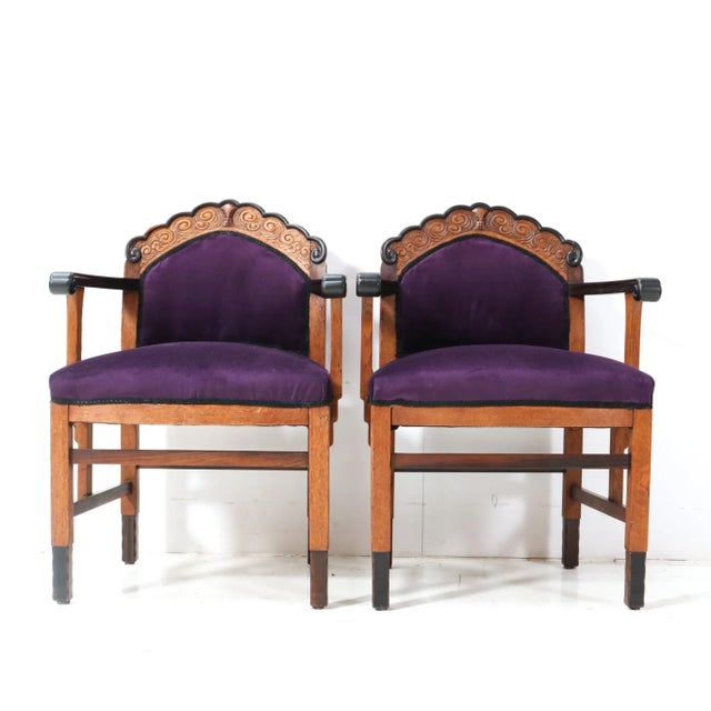 Set of Art Deco Amsterdamse School Armchairs in Oak, 1920s For Sale - Image 3 of 13