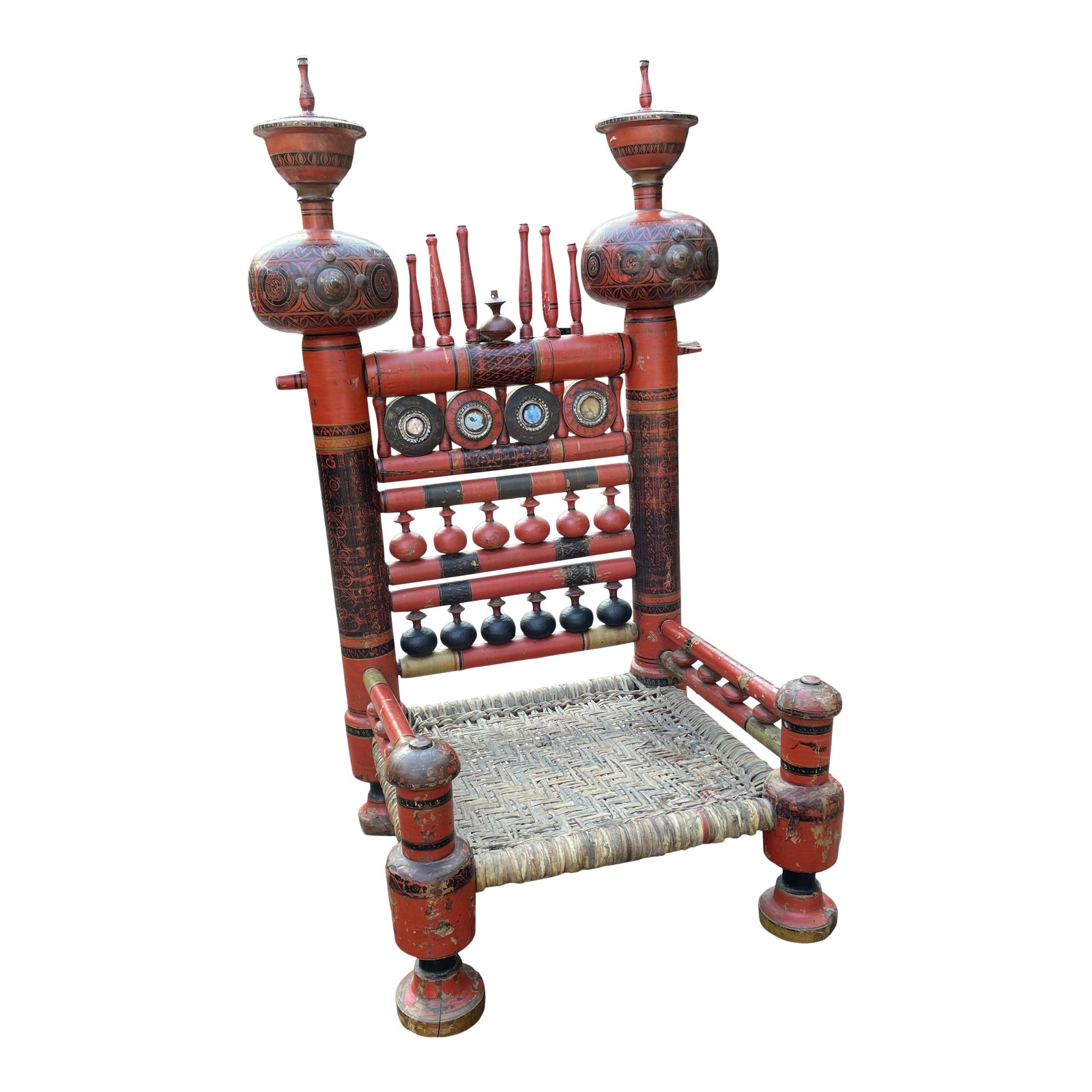 Antique 1900s Indian Punjabi Red Black and Tan Hand Carved and Hand Painted Wood and Cane