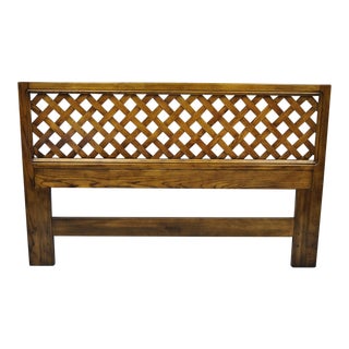 Mid 20th Century Henredon Artefacts Oak Wood Campaign Style Lattice Full Queen Bed Headboard For Sale