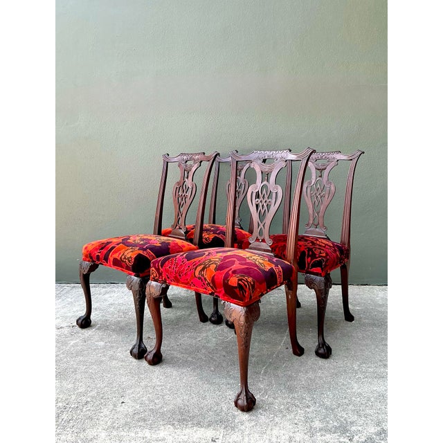 Wood Vintage Hand Carved Chippendale Dining Chairs in 80s Yves St Laurent Printed Velvet - Set of 4 For Sale - Image 7 of 12