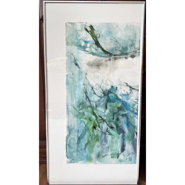 Contemporary Large Abstract Original Painting Watercolor Triptych Blue Green Coastal Wall Art Modern Signed Framed For Sale - Image 3 of 12