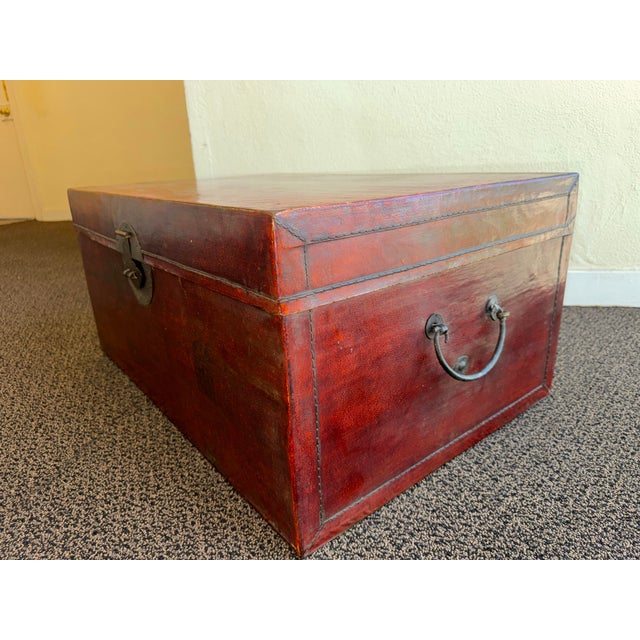 Antique Chinese Qing Era Red Leather Trunk or Coffee Table For Sale - Image 12 of 12