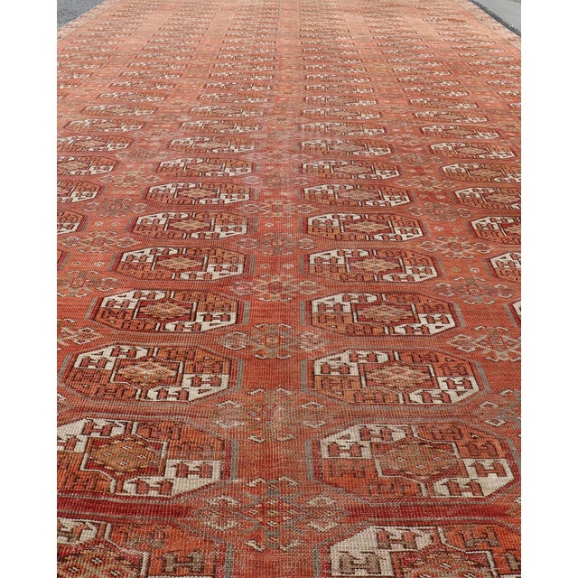 Antique Tekke Rug With Gul Motif in Rich Coral and Ivory Tones 8'0 X 18'10 For Sale In Atlanta - Image 6 of 12