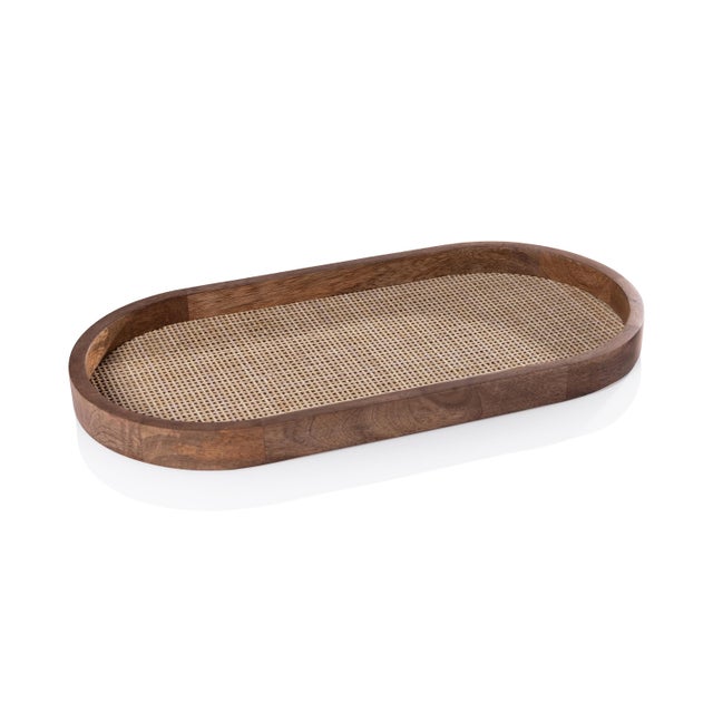 Wood Banyan Mango Wood with Rattan Inlay Oval Tray, Large For Sale - Image 7 of 7